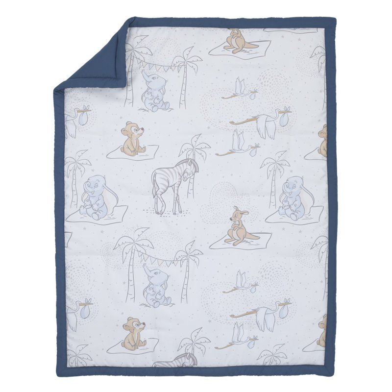 Disney Dumbo Mommy s Little Peanut Ivory Grey And Blue Kangaroo Bear Zebra And Stork With Palm Trees 6 Piece Nursery Crib Bedding Set